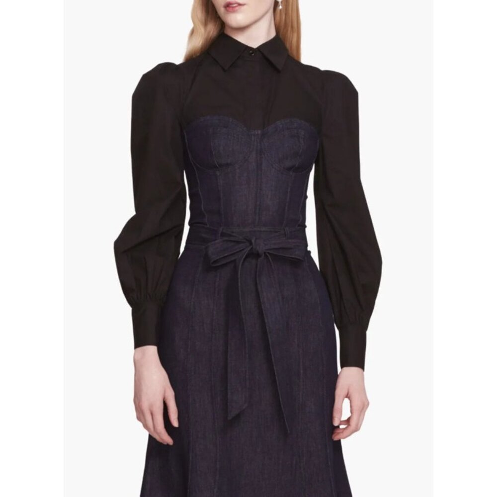 Marchesa Rosa Dark Wash Denim Layered Black Combo Collared Pencil Dress, Size 0
